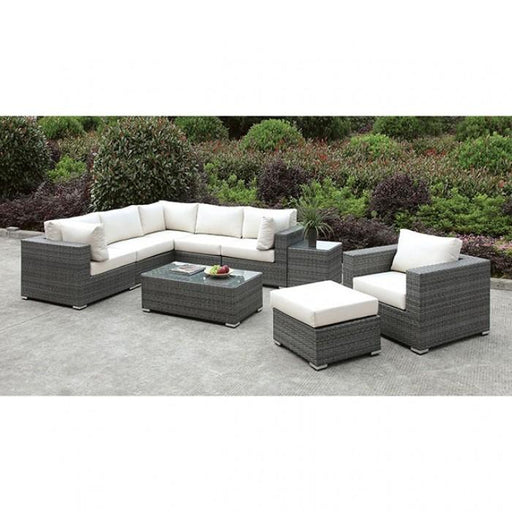 Somani Light Gray Wicker/Ivory Cushion L-Sectional + Chair + Ottoman + Coffee Table - Premium Outdoor Seating from FOA East - Just $3833.70! Shop now at Furniture Wholesale Plus  We are the best furniture store in Nashville, Hendersonville, Goodlettsville, Madison, Antioch, Mount Juliet, Lebanon, Gallatin, Springfield, Murfreesboro, Franklin, Brentwood
