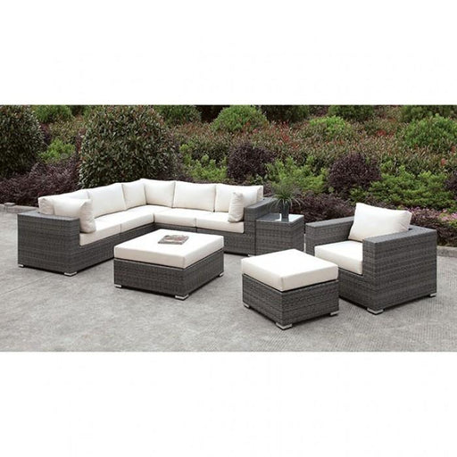 Somani Light Gray Wicker/Ivory Cushion L-Sectional + Chair + 2 Ottomans - Premium Outdoor Seating from FOA East - Just $3929.25! Shop now at Furniture Wholesale Plus  We are the best furniture store in Nashville, Hendersonville, Goodlettsville, Madison, Antioch, Mount Juliet, Lebanon, Gallatin, Springfield, Murfreesboro, Franklin, Brentwood