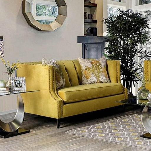 Tegan Royal Yellow/Light Tan Love Seat - Premium Loveseat from FOA East - Just $1622.40! Shop now at Furniture Wholesale Plus  We are the best furniture store in Nashville, Hendersonville, Goodlettsville, Madison, Antioch, Mount Juliet, Lebanon, Gallatin, Springfield, Murfreesboro, Franklin, Brentwood