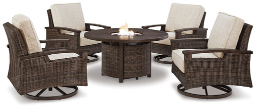 Paradise Trail Paradise Trail Fire Pit Table with 4 Nuvella Swivel Lounge Chairs - Premium Outdoor Seating Set from Ashley Furniture - Just $3529.53! Shop now at Furniture Wholesale Plus  We are the best furniture store in Nashville, Hendersonville, Goodlettsville, Madison, Antioch, Mount Juliet, Lebanon, Gallatin, Springfield, Murfreesboro, Franklin, Brentwood