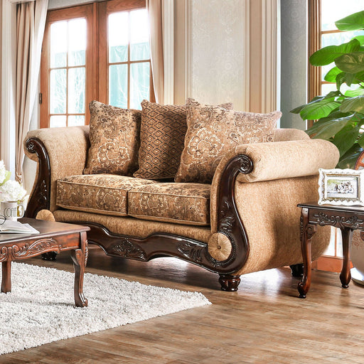 NICANOR Tan/Gold Love Seat - Premium Loveseat from FOA East - Just $1312.35! Shop now at Furniture Wholesale Plus  We are the best furniture store in Nashville, Hendersonville, Goodlettsville, Madison, Antioch, Mount Juliet, Lebanon, Gallatin, Springfield, Murfreesboro, Franklin, Brentwood