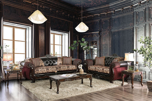 Quirino Burgundy/Dark Brown Sofa + Love Seat - Premium Living Room Set from FOA East - Just $3334.50! Shop now at Furniture Wholesale Plus  We are the best furniture store in Nashville, Hendersonville, Goodlettsville, Madison, Antioch, Mount Juliet, Lebanon, Gallatin, Springfield, Murfreesboro, Franklin, Brentwood
