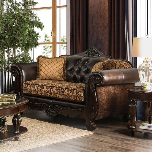 Quirino Tan/Dark Brown Love Seat - Premium Loveseat from FOA East - Just $1622.40! Shop now at Furniture Wholesale Plus  We are the best furniture store in Nashville, Hendersonville, Goodlettsville, Madison, Antioch, Mount Juliet, Lebanon, Gallatin, Springfield, Murfreesboro, Franklin, Brentwood